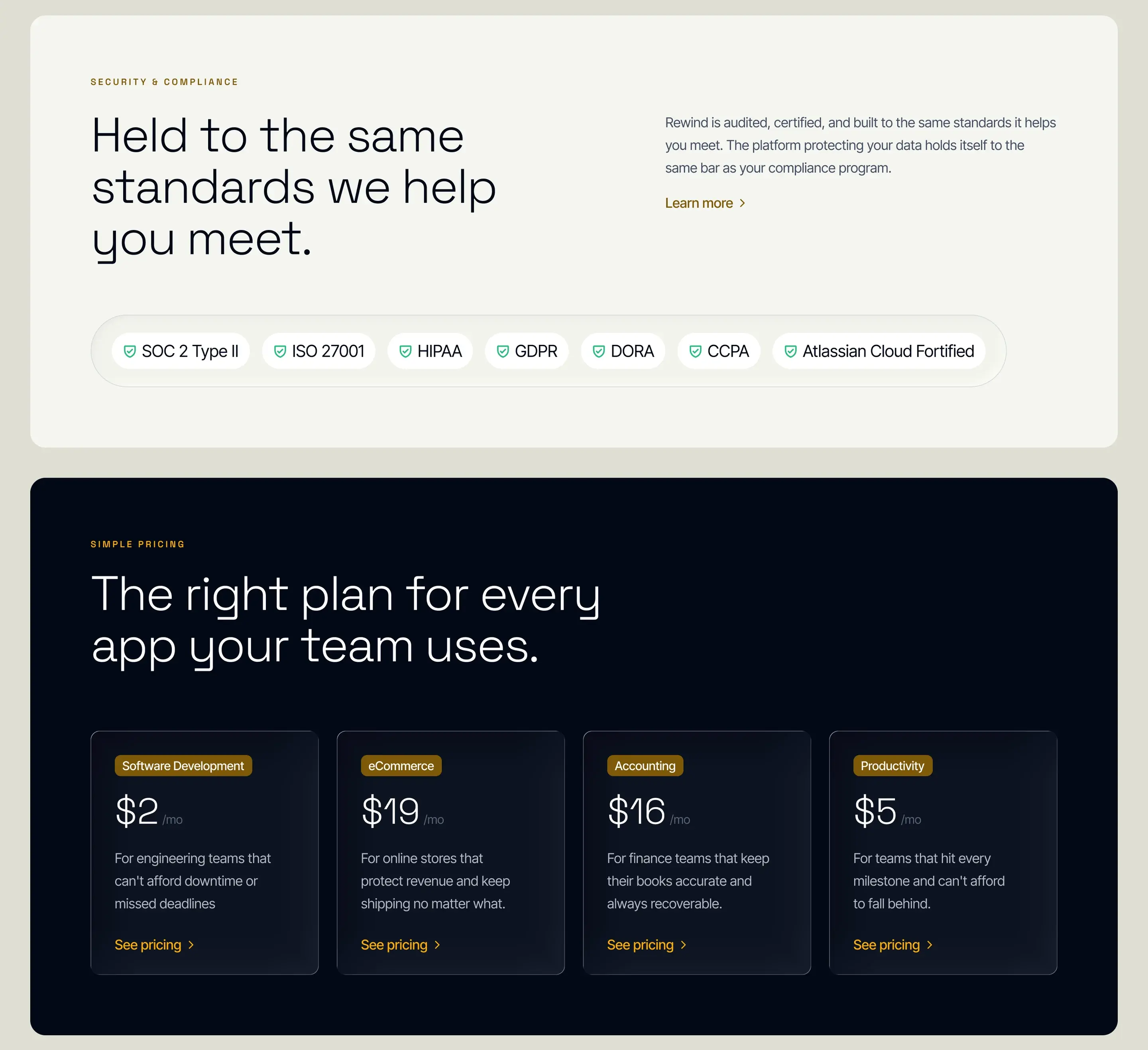 A comparison table setting Rewind against native tools, DIY scripts and other vendors across recovery, retention and compliance, above a row of security certifications.