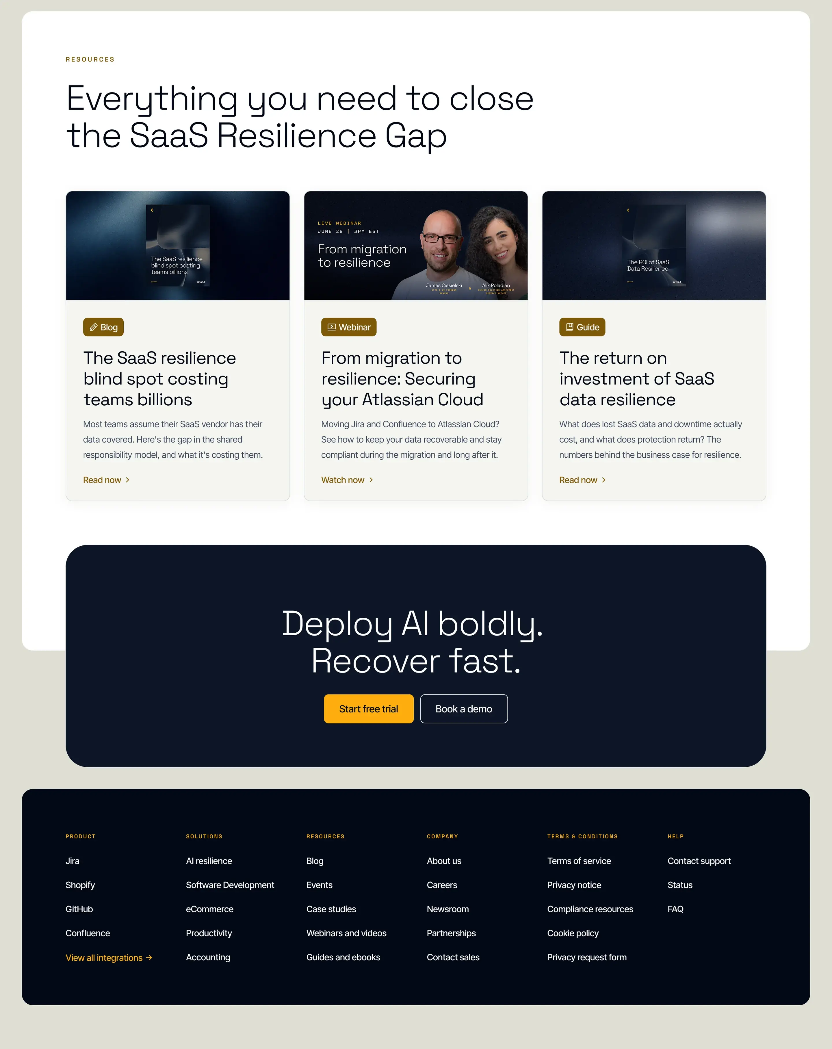 Per-app pricing cards, a row of resource articles on SaaS resilience, and a closing panel reading “Deploy AI boldly. Recover fast.” above the site footer.