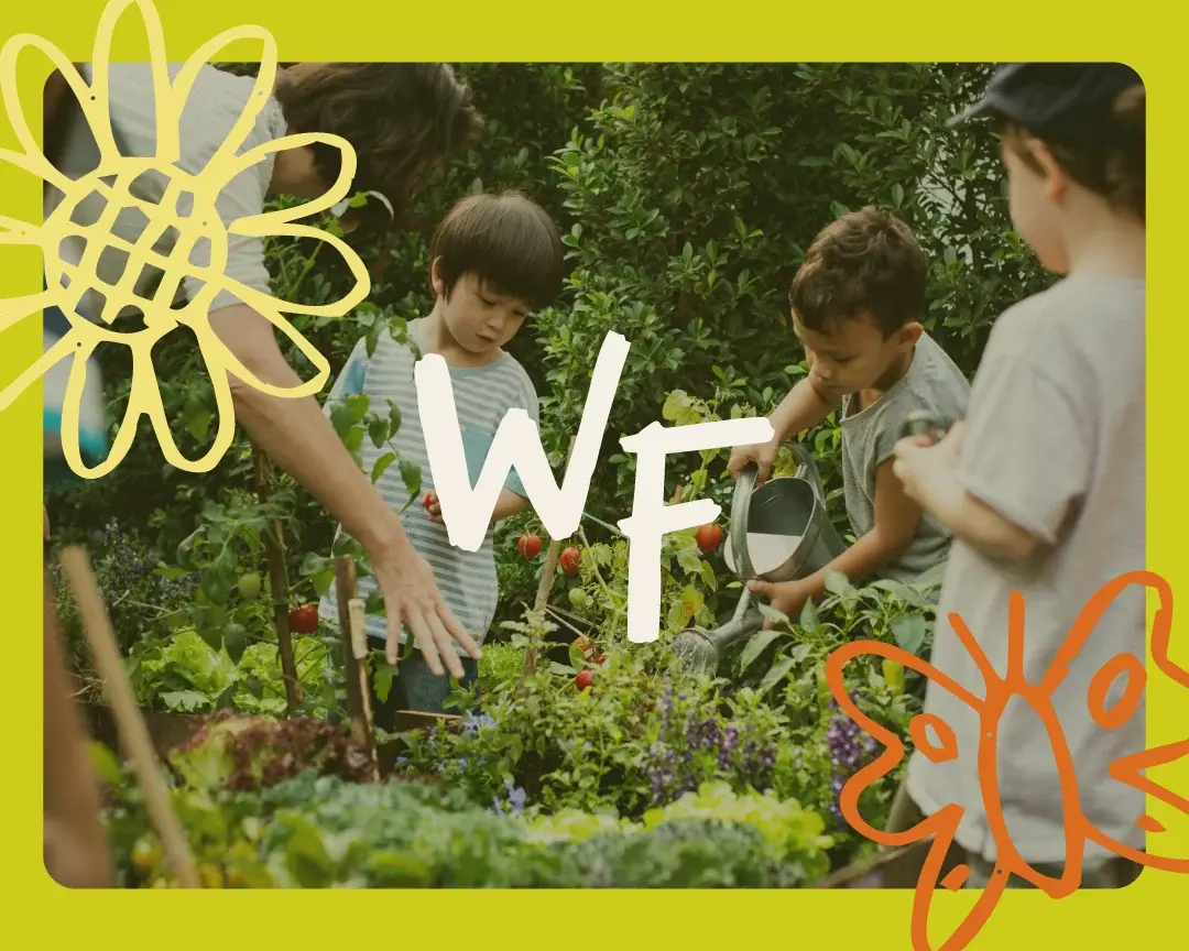 Three young children and an adult tend a vegetable garden thick with tomatoes and greens, the photograph set on a lime ground beside the Wild Fauna monogram and hand-drawn flower and butterfly doodles.