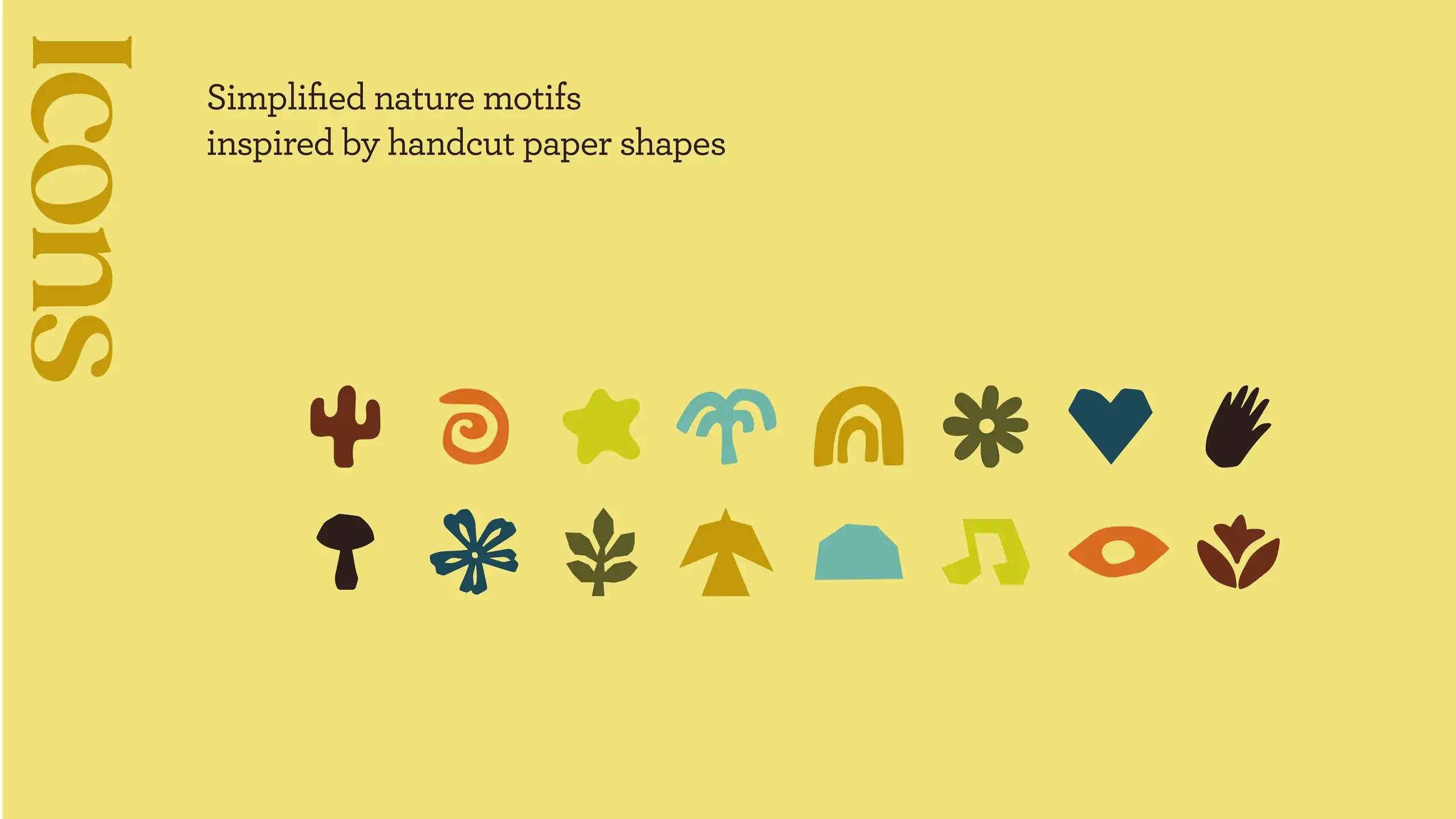 Sixteen simplified nature icons on yellow — cactus, fern, star, palm, rainbow, snowflake, heart, hand, mushroom, flower, leaf, tent, hill, music, eye and tulip — drawn as cut-paper shapes.