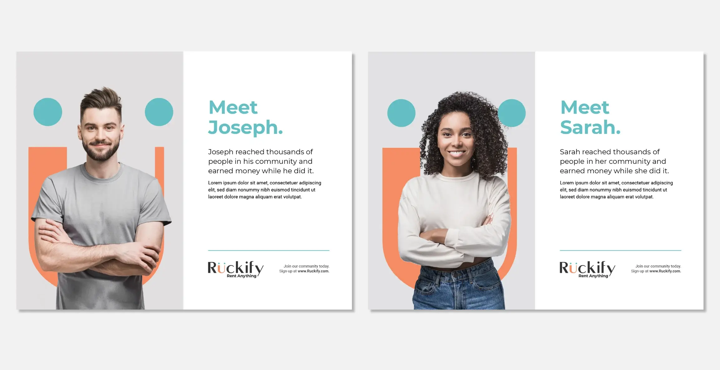 Two member ads — “Meet Joseph.” and “Meet Sarah.” — each pairing a portrait with the coral U device.