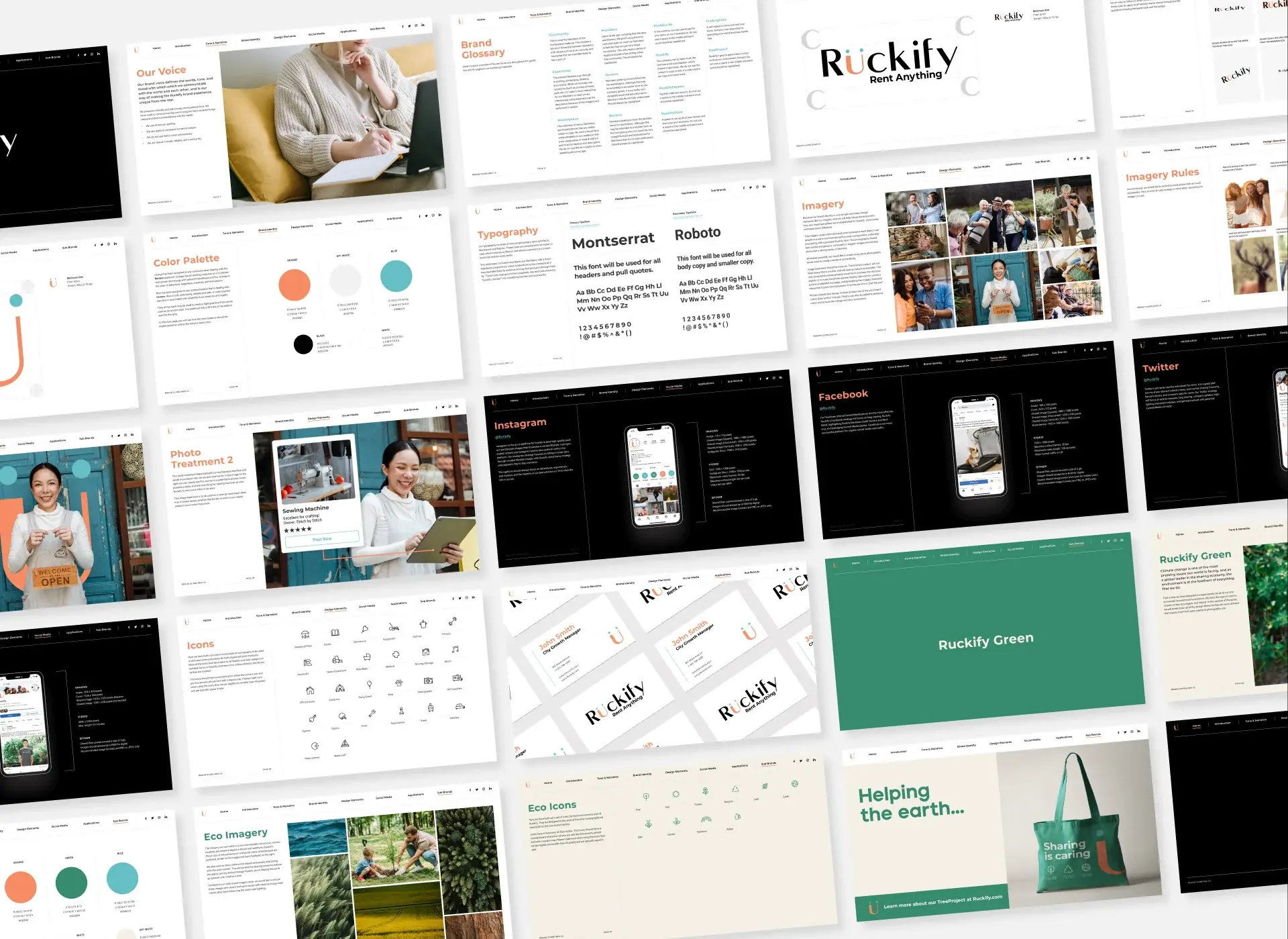 Spreads from the guidelines laid out in a grid, covering layout, colour, iconography and photography.