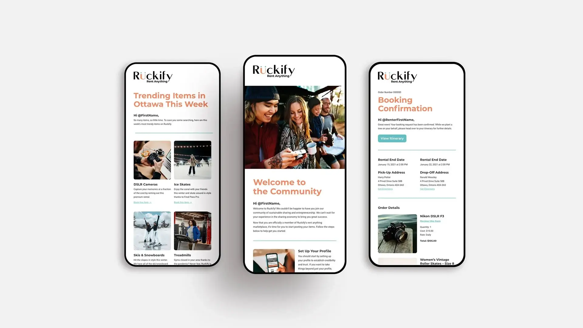 Three email templates on phones: trending rentals, a welcome to the community, and a booking confirmation.