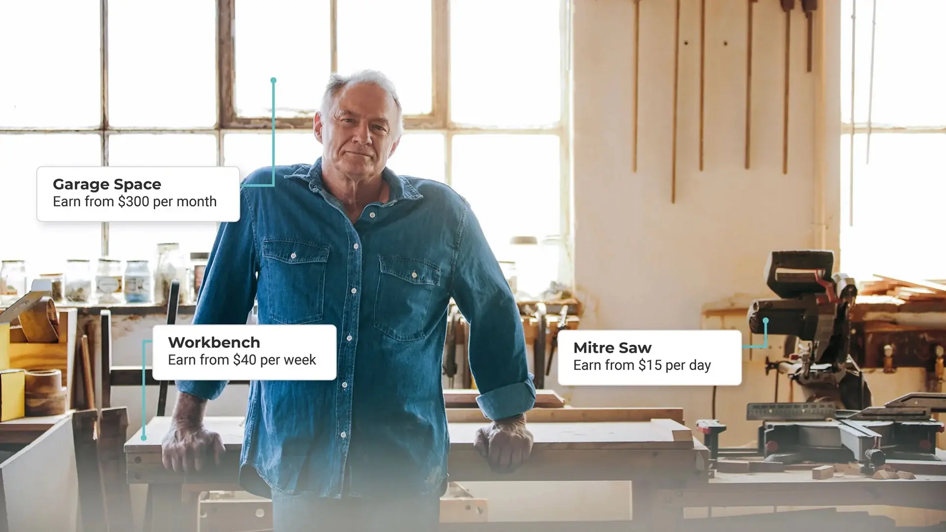 A woodworker in his shop, with Rückify listing cards overlaid offering his workbench, mitre saw and garage space for rent.