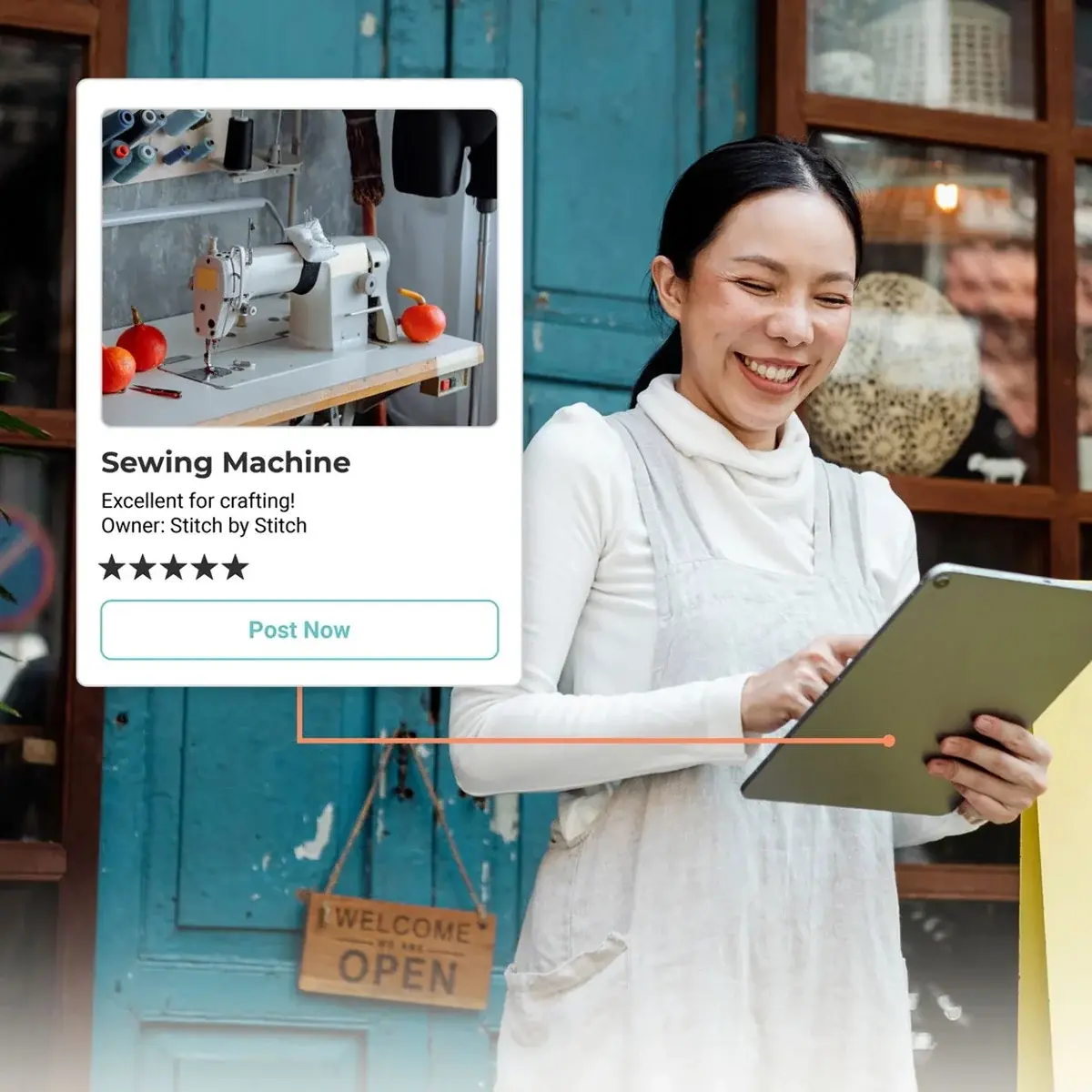 A shop owner with a tablet outside a teal door, a Rückify listing card for a sewing machine overlaid on the photograph.