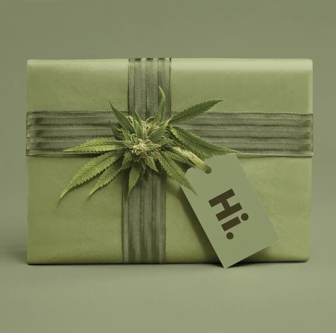 A gift wrapped in sage paper, tied with ribbon and finished with a cannabis bud in place of a bow, its tag reading “Hi.”