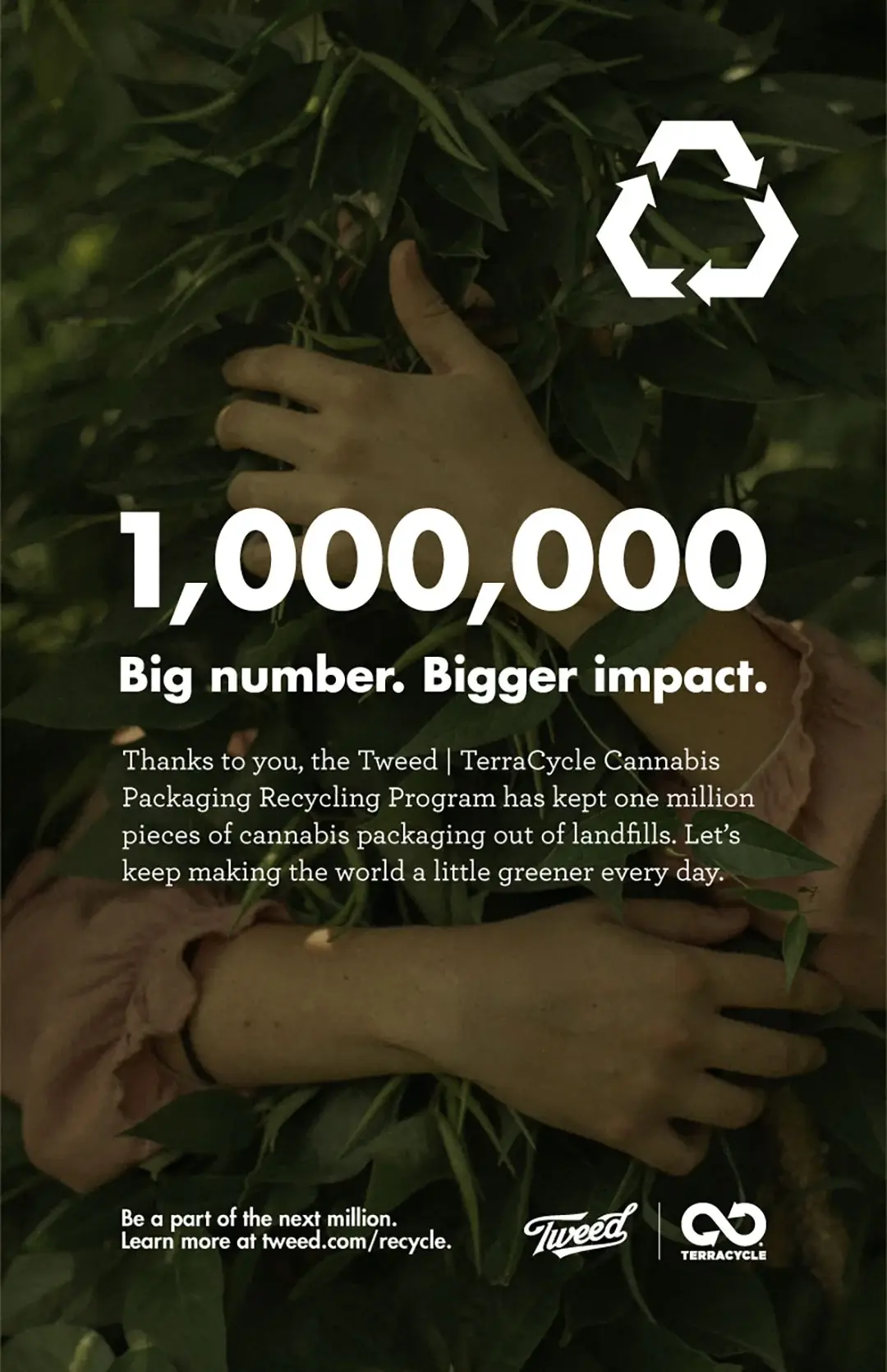 The TerraCycle poster: “1,000,000. Big number. Bigger impact.” in white over hands cradling packaging, under a recycling mark.