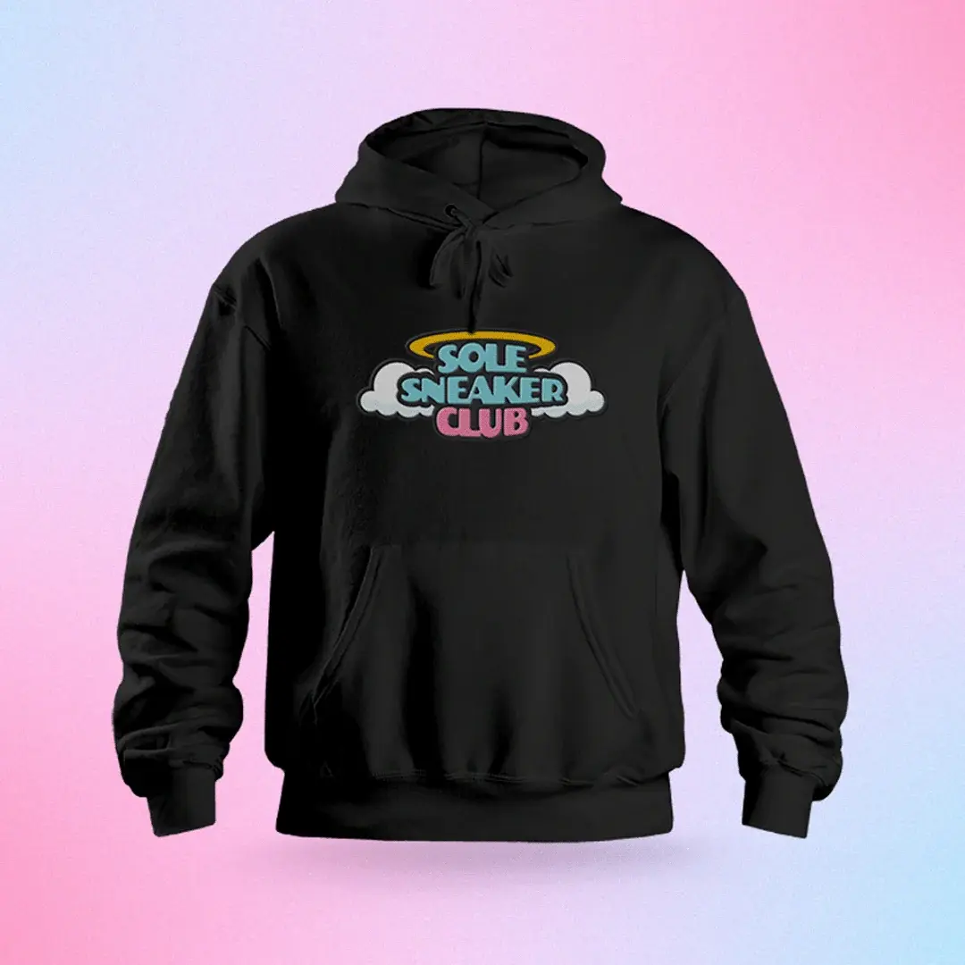 A grid of hoodies in black, orange, purple, mint, pink and green, each carrying a different Sole Sneaker Club graphic.