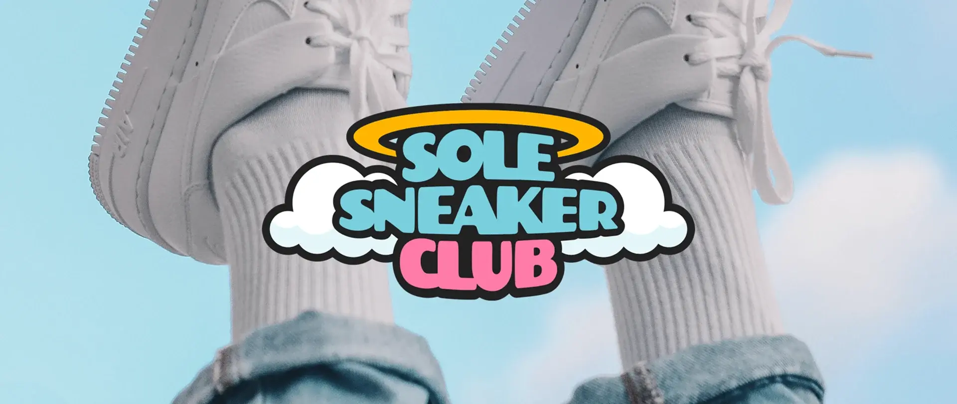 The Sole Sneaker Club logo: bubble letters in cyan and pink on a cloud, crowned with a gold halo.