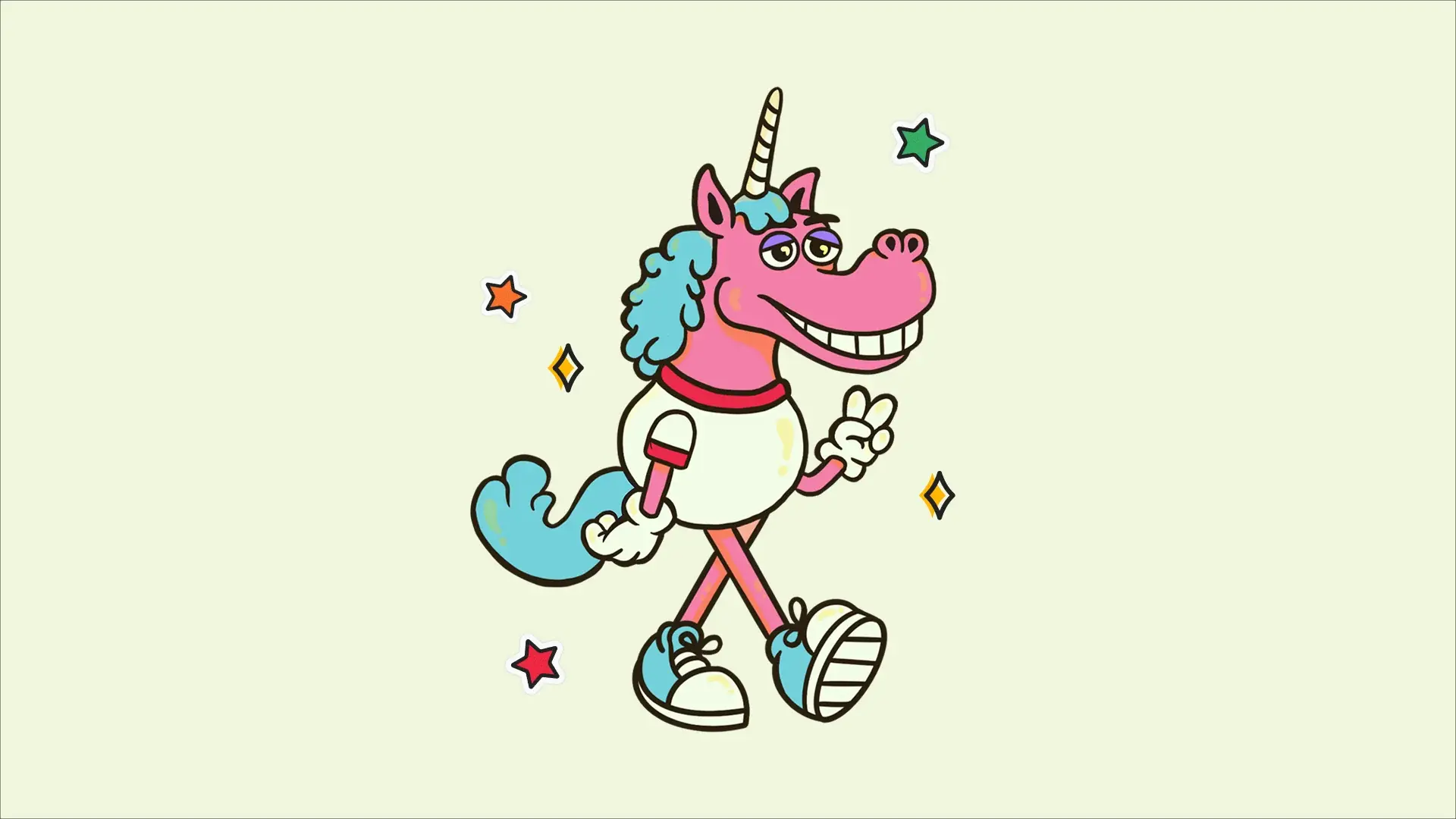 The mascot — a pink unicorn with a blue mane, in sneakers and flashing a peace sign — surrounded by stars and rainbows.
