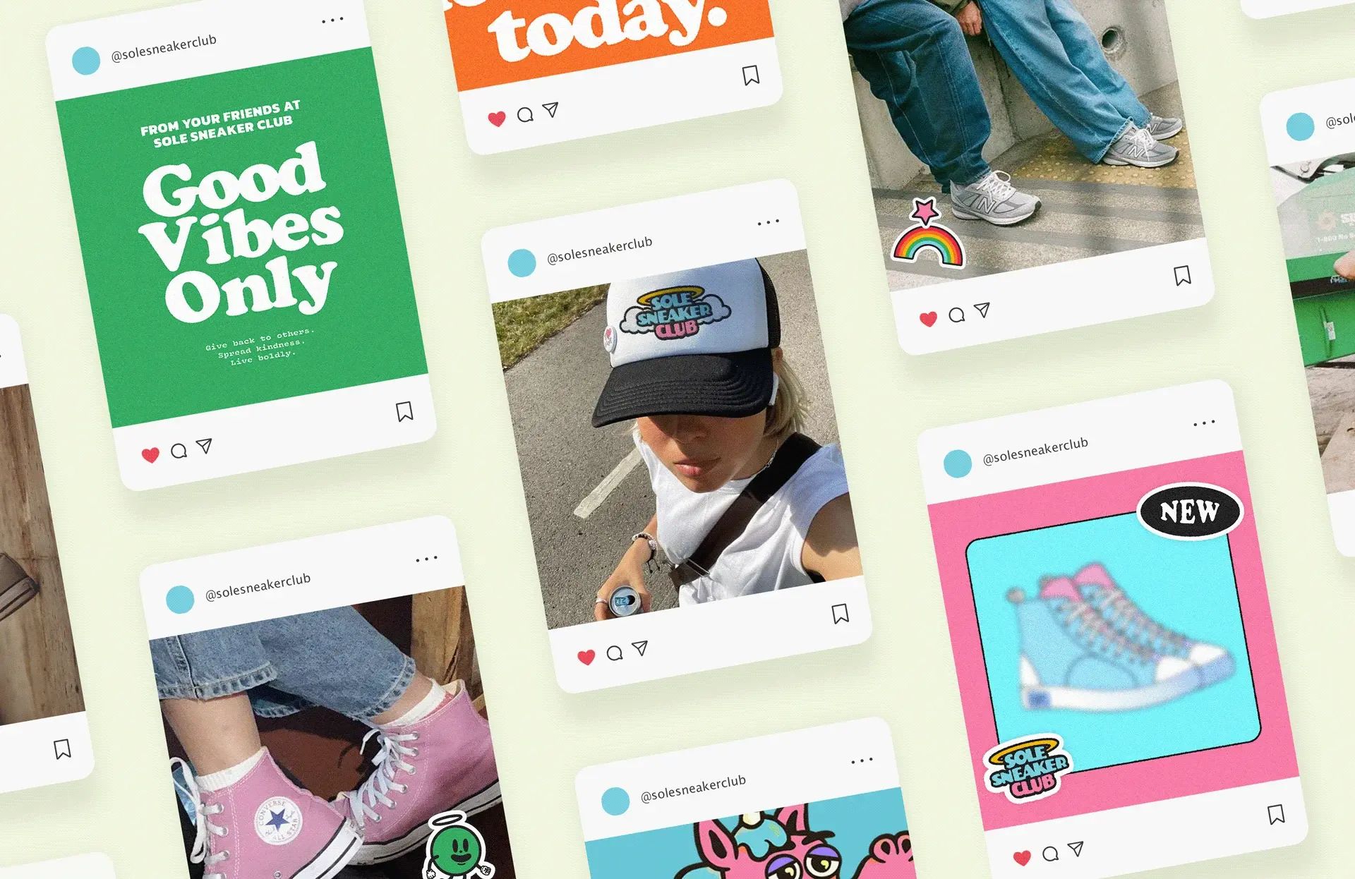 The social grid: sneaker photography, mascot illustrations and quote posts in the club’s cyan, pink and yellow.