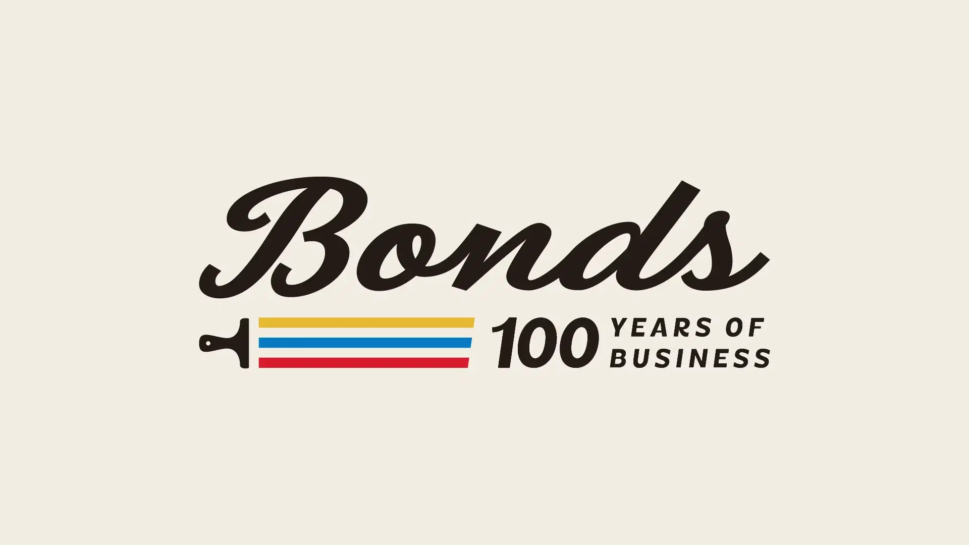 The centennial lockup on cream: the Bonds script above the paintbrush and its three stripes, set beside “100 Years of Business”.