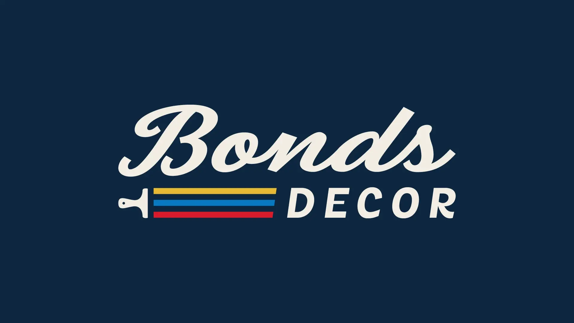 The Bonds Decor logo on deep navy: “Bonds” in cream script above a paintbrush trailing yellow, blue and red stripes into the word DECOR.