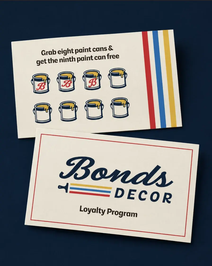 Bonds Decor loyalty cards on navy: one illustrated with nine paint cans reading “Grab eight paint cans and get the ninth paint can free”, the other carrying the logo and the words Loyalty Program.