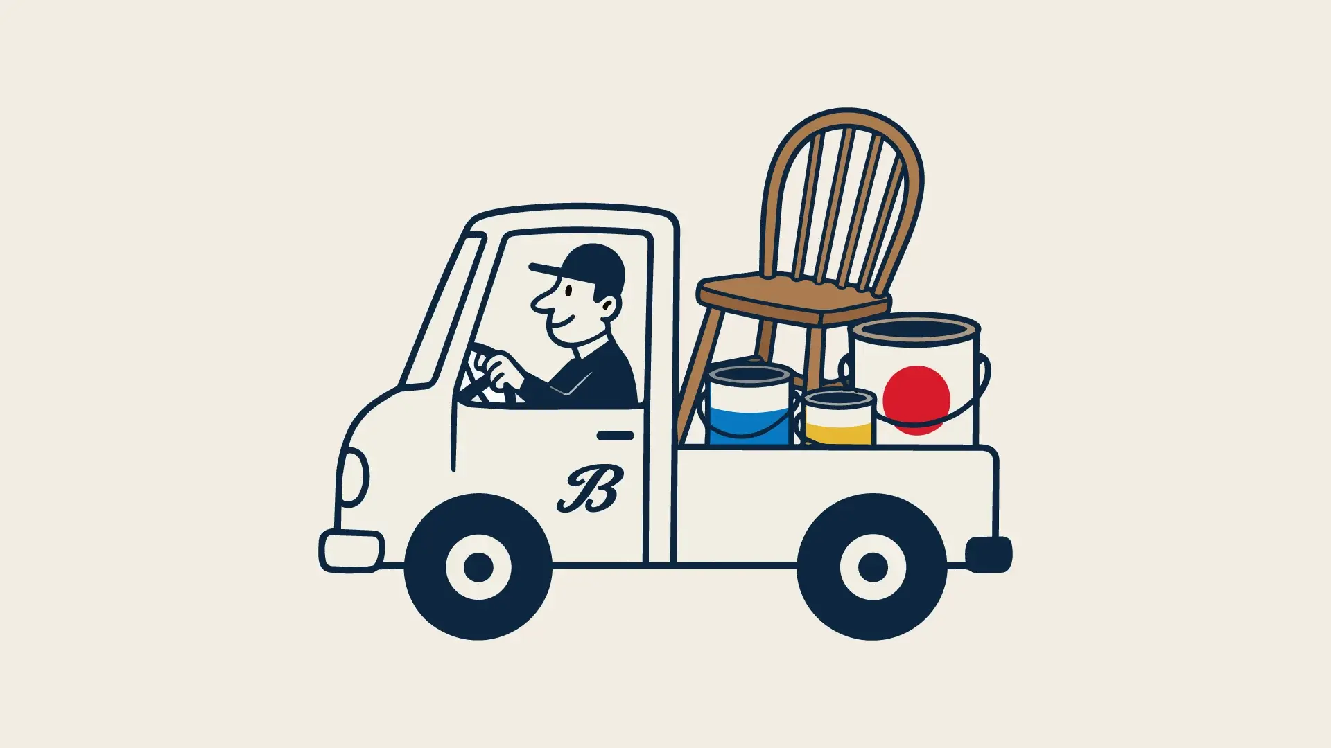 A line-drawn mascot in navy on cream: a smiling driver in a flat cap at the wheel of a pickup loaded with a wooden chair and open paint cans.