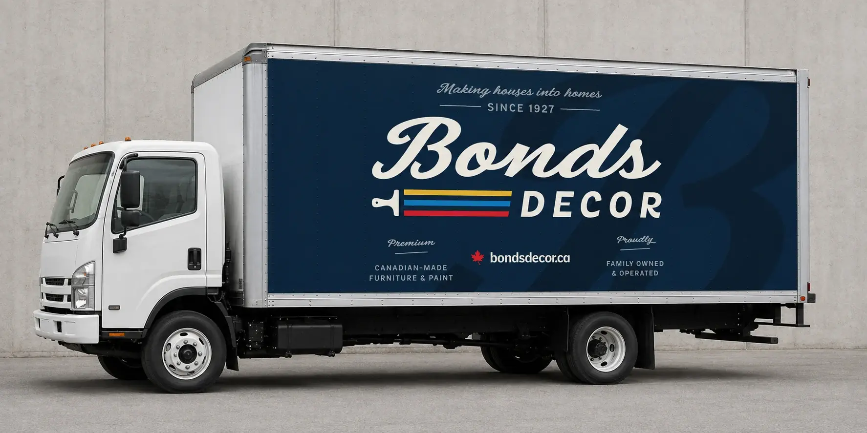 The delivery truck wrapped in navy, its box panel carrying the Bonds Decor logo under the line “Making houses into homes, since 1927”.