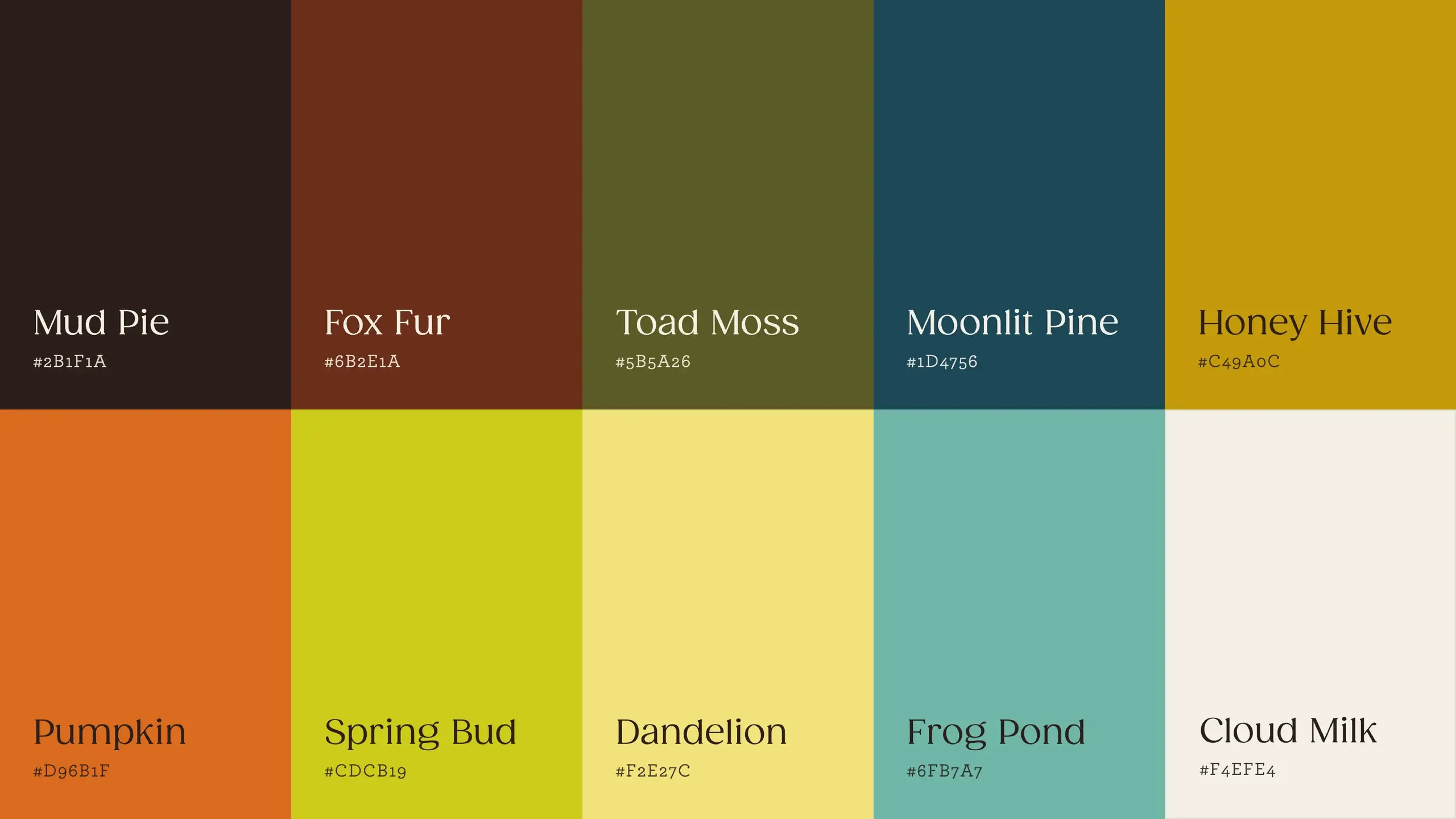 The palette in ten named swatches: Mud Pie, Fox Fur, Toad Moss, Moonlit Pine and Honey Hive above Pumpkin, Spring Bud, Dandelion, Frog Pond and Cloud Milk.
