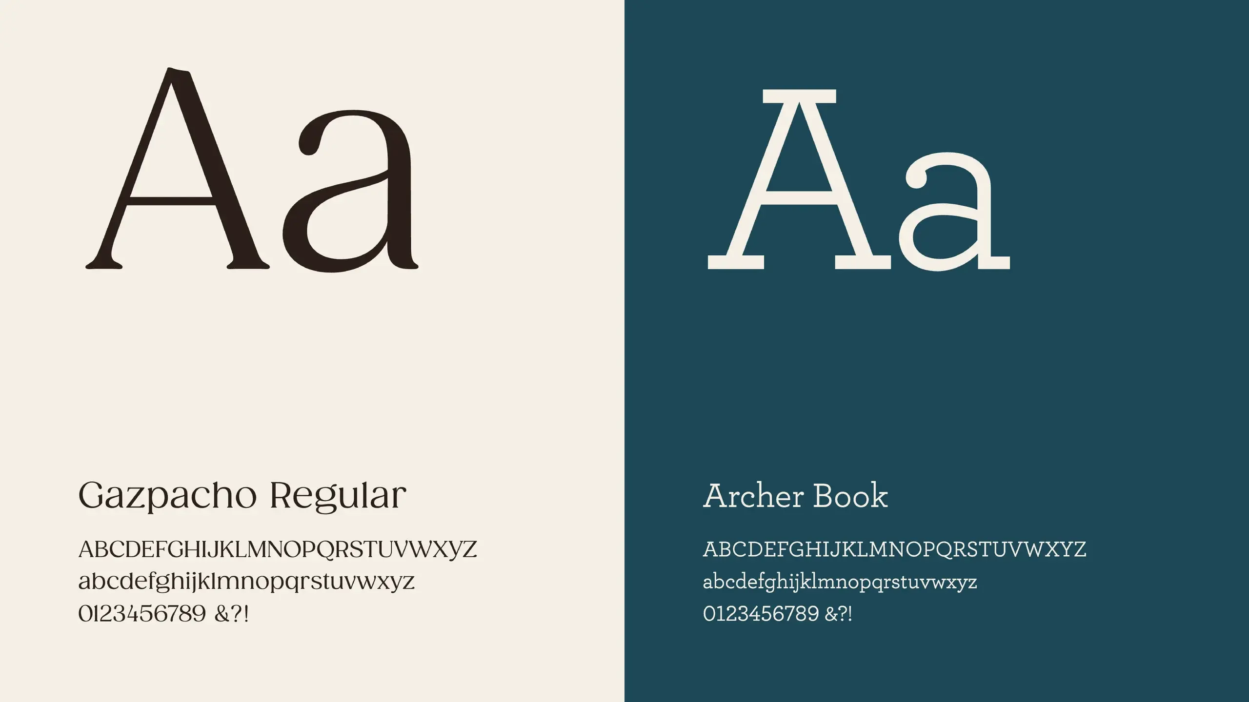 The two typefaces set as specimens: Gazpacho Regular in dark on cream, and Archer Book in cream on deep teal.