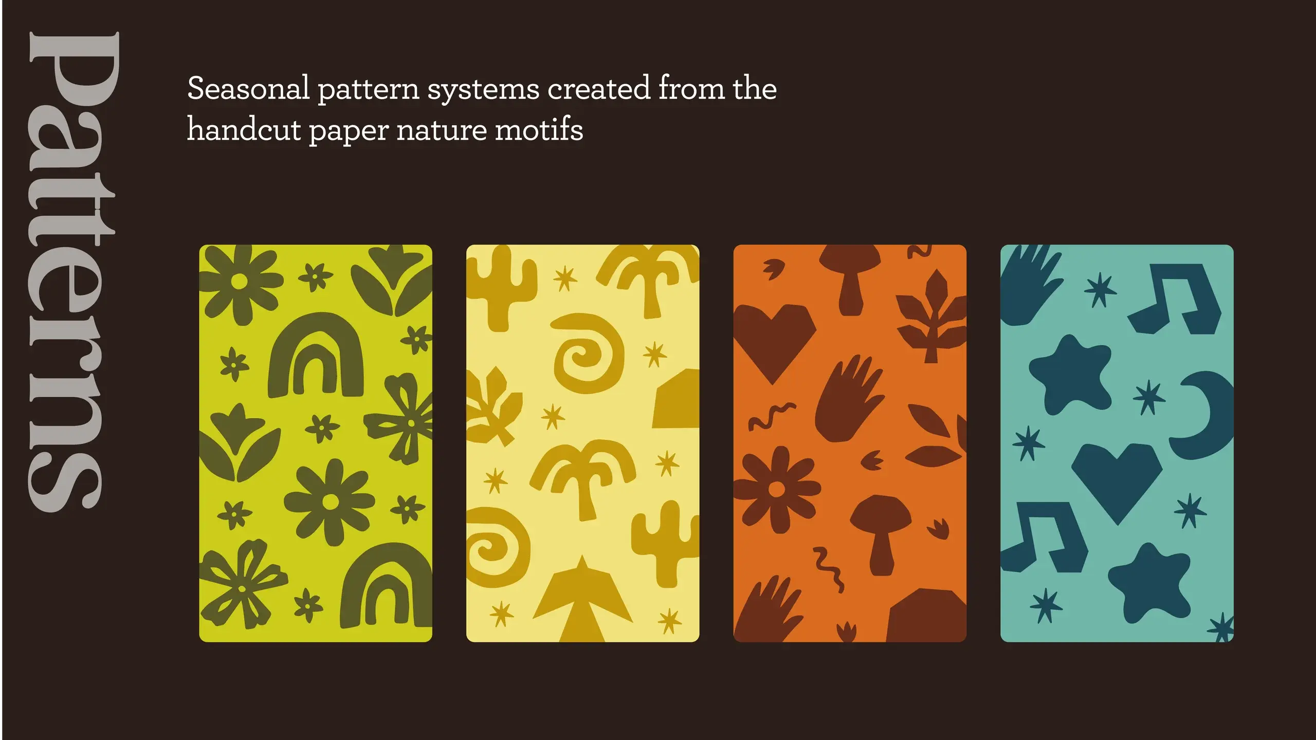 Four seasonal pattern swatches on dark brown — rainbows and flowers, sprouting shoots, mushrooms and hands, and stars and hearts — built from the cut-paper nature motifs.