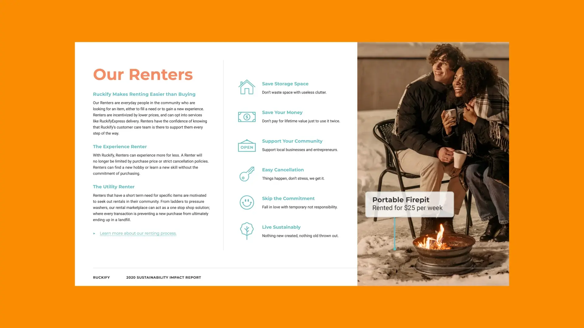 The renters page on orange, a fireside portrait beside a listing card and a column of rental motivations.
