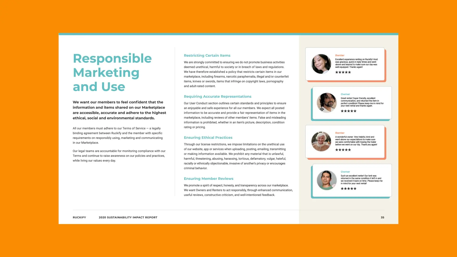 The responsible marketing and use page, a stack of member reviews and ratings running down one side.