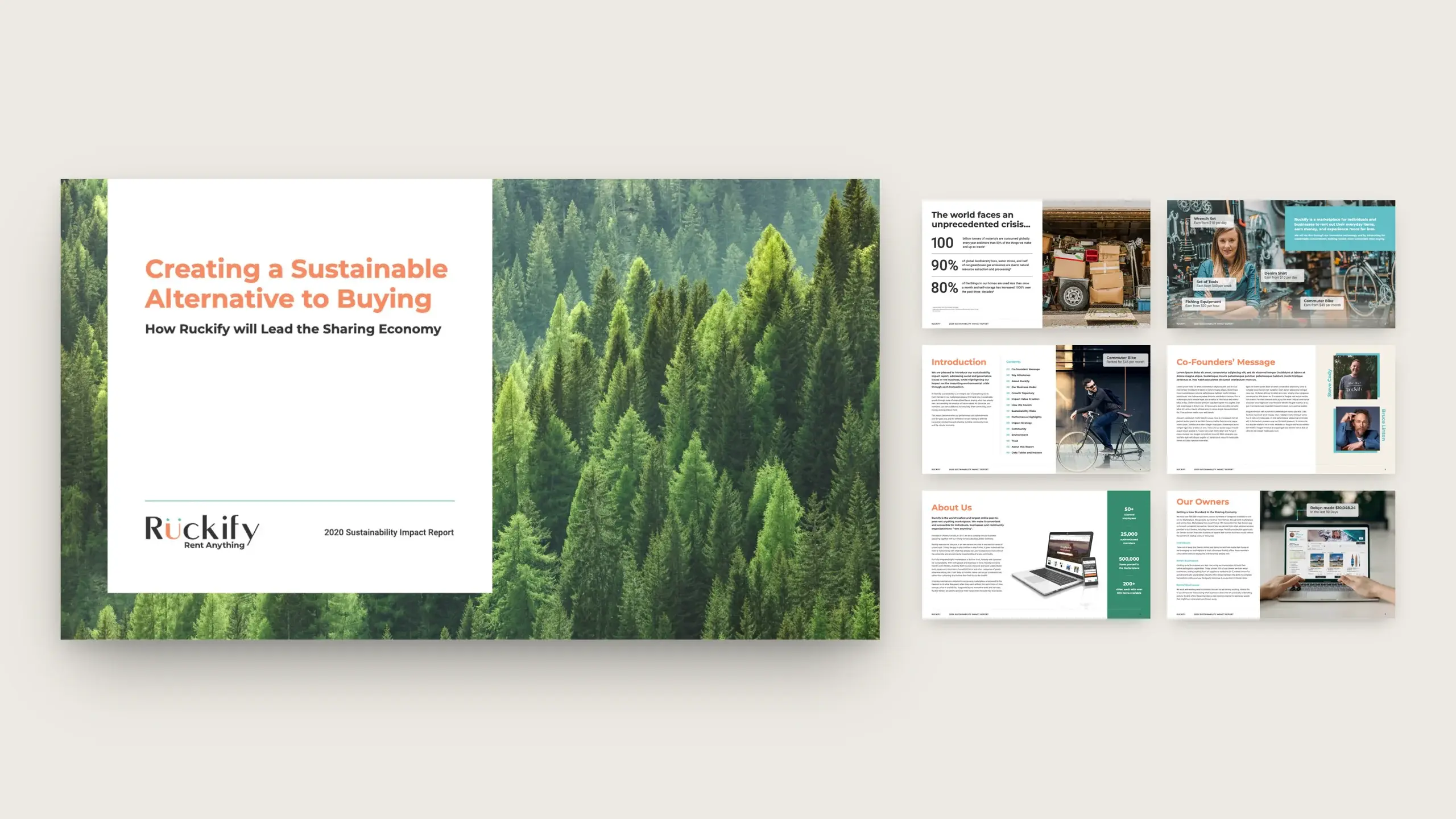 The report opening: the cover beside spreads introducing the sharing economy, with statistics on waste and consumption.