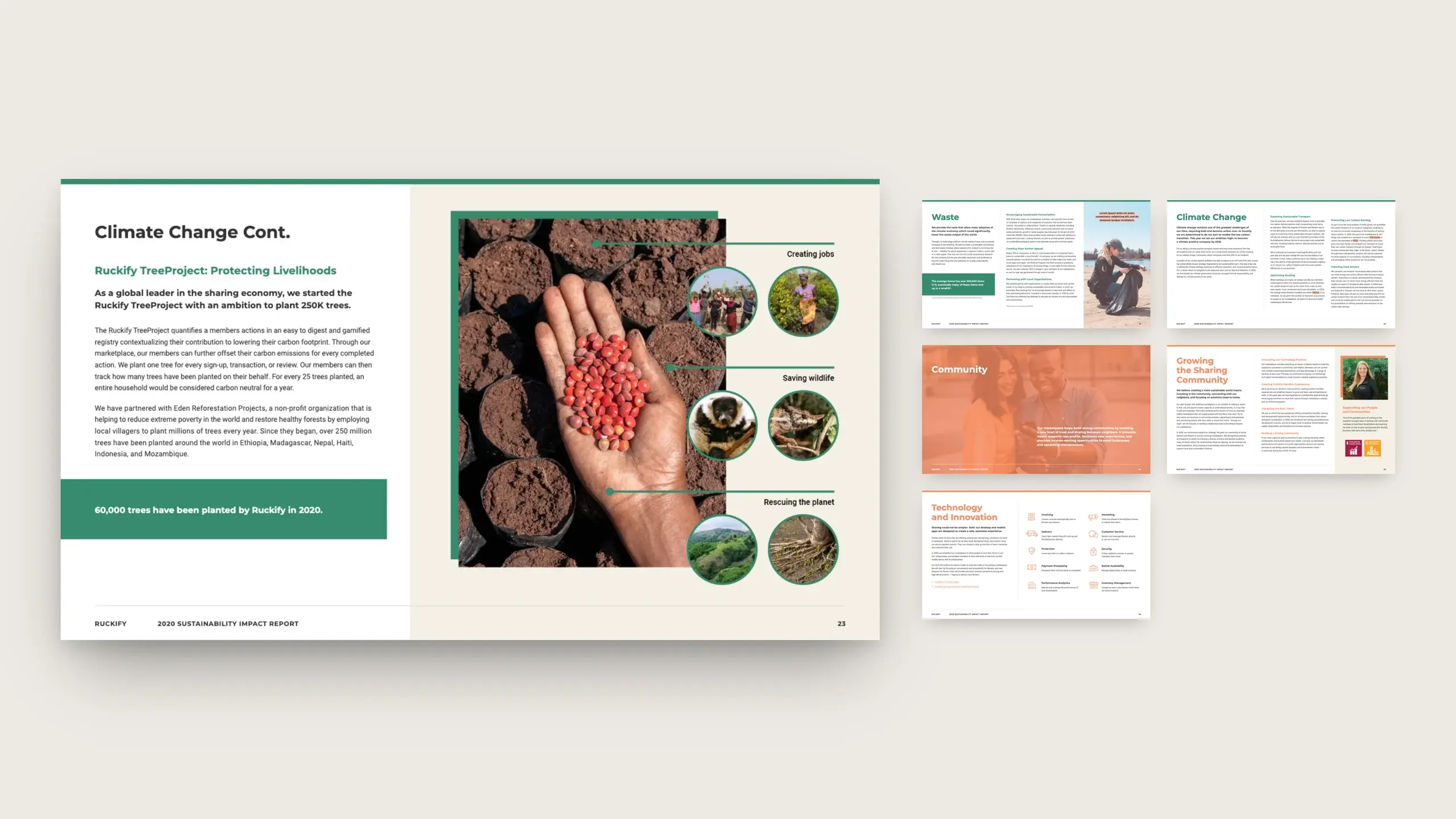 The climate change section, photography of soil and seedlings set against columns of body copy and data.