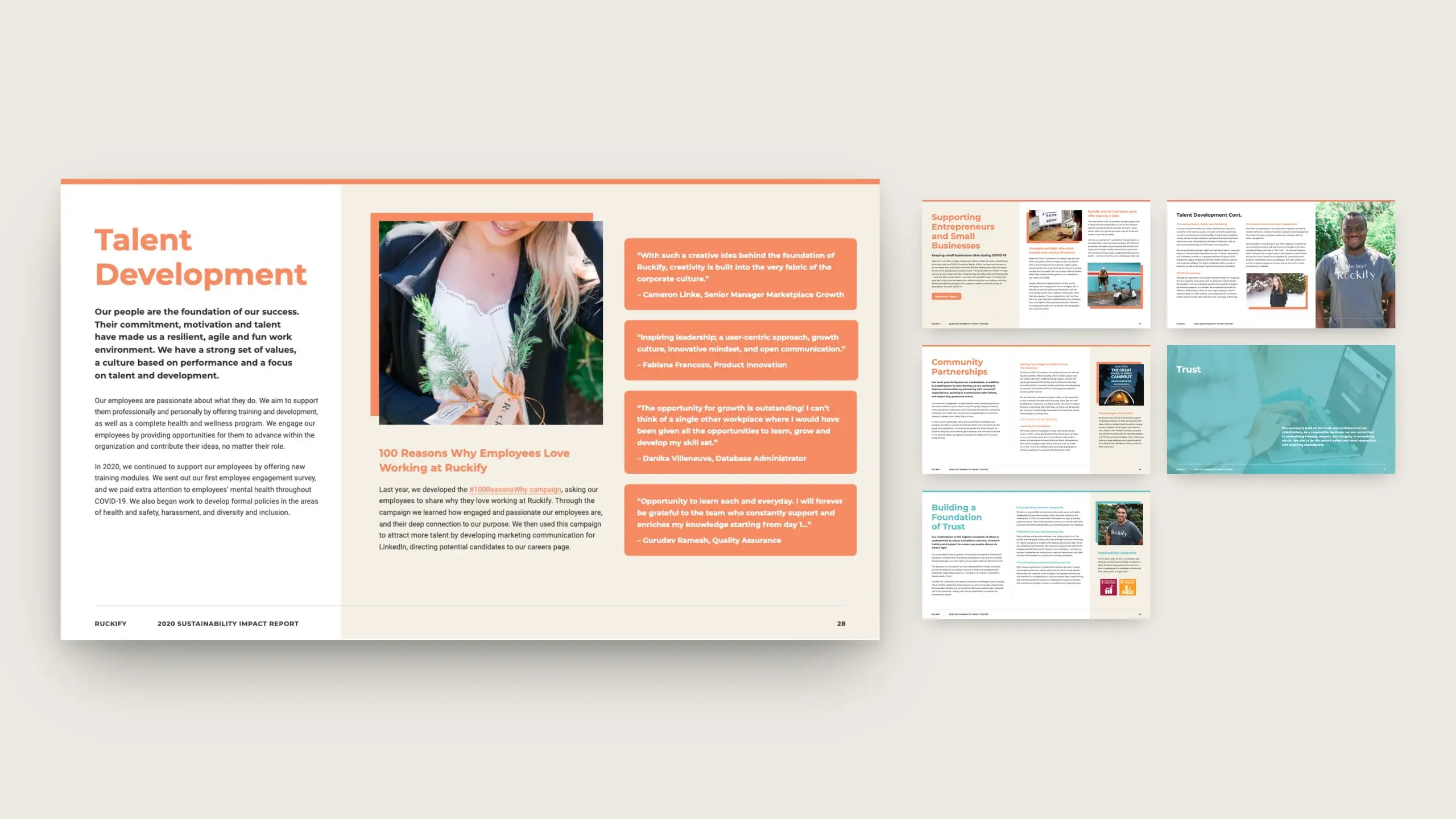 Talent development spreads in coral, pairing portraits with commitments and a table of targets.